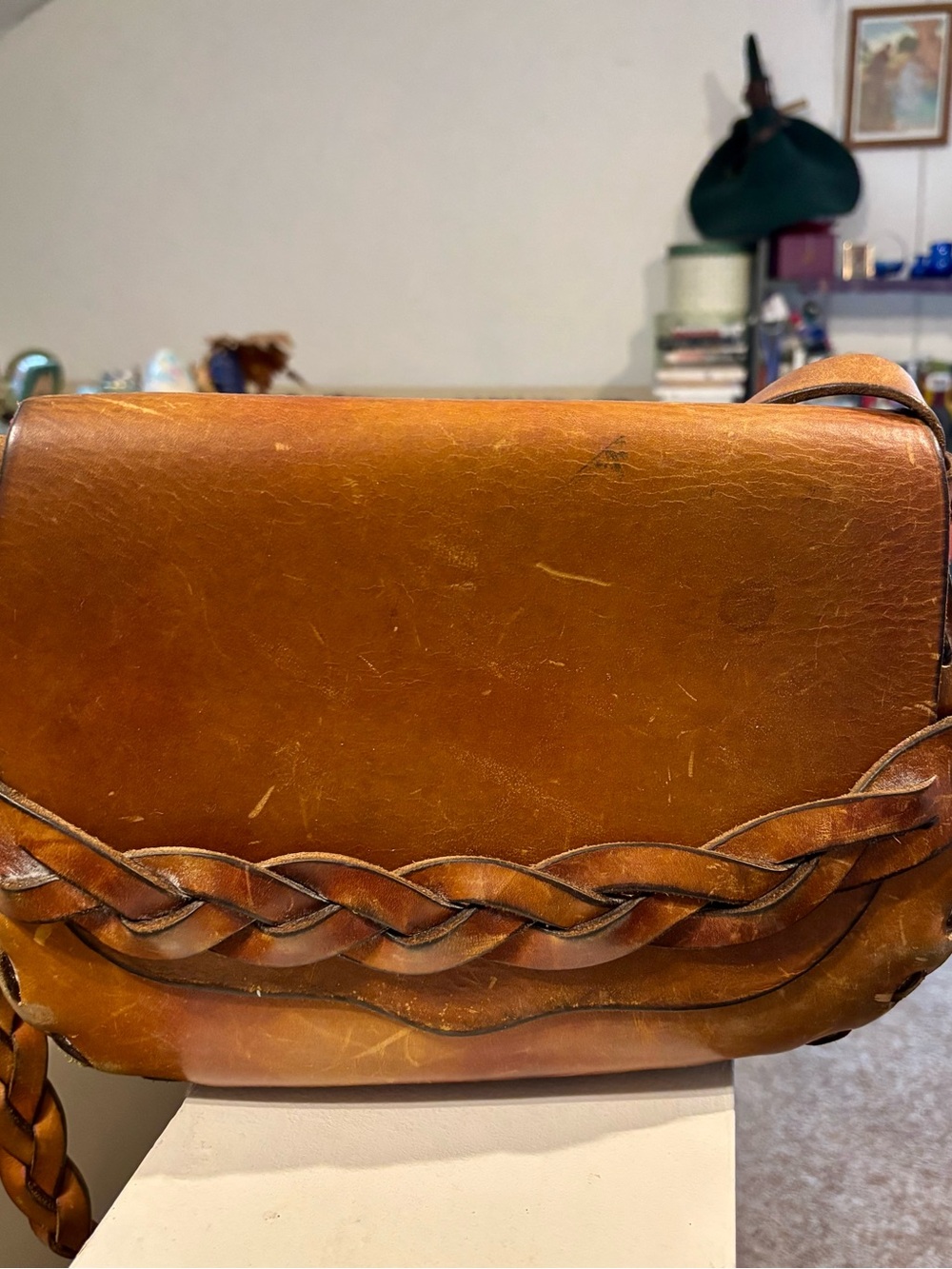 Vintage Brown Leather Braided Crossbody Bag